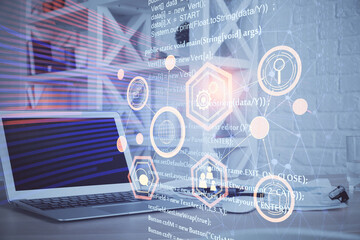 Double exposure of computer and technology theme hud. Concept of innovation.