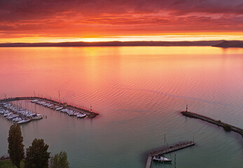 Colorful pink sunset over lake Balaton