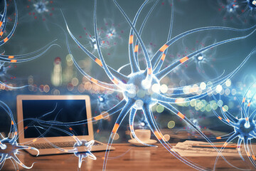 Desktop computer background and neuron drawing. Double exposure. Education concept.