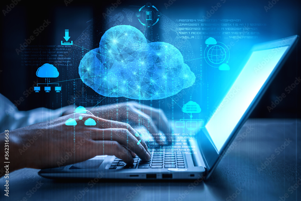 Poster cloud computing technology and online data storage for business network concept. computer connects t
