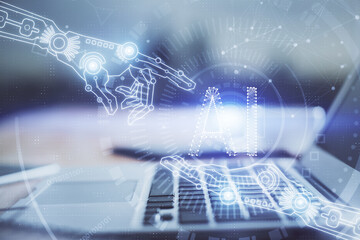 Technology theme drawing and table with computer. Double exposure. Concept of information.