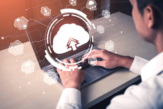 Cloud computing technology and online data storage for business network concept. Computer connects to internet server service for cloud data transfer presented in 3D futuristic graphic interface.