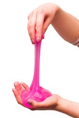 a toy for children mucus and liquid flowing on hand on a white background