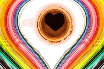 Heart Color wave curl rainbow strip paper with coffee mug with hot instant coffee foam heart-shaped