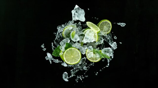 Refreshing mojito cocktail vortex on black stone table, slow motion filmed on high speed cinematic camera.