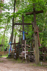 Fototapeta na wymiar Holy Mount Grabarka, Poland - 06..06.2020: old wooden orthodox crosses