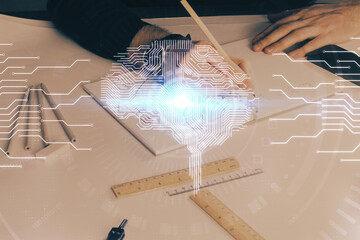 Brain multi exposure icon with man hands background.