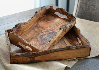 Wooden handmade trays on the table. Say no to plastic. Eco concept