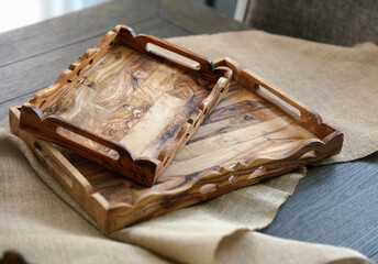 Wooden handmade trays on the table. Say no to plastic. Eco concept