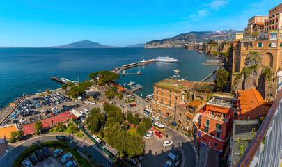 A view down from the cliffs of Sorrento, Italy across the Bay of Naples