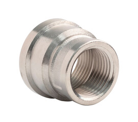 Brass reducing coupling. Female threaded pipe fitting. Isolated on a white background.