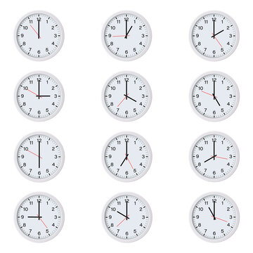 Set of round clocks with various time isolated on white background. World clock, time zone. Vector illustration