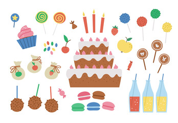 Vector birthday desserts set. Cute b-day clipart pack with cake, candles, cupcakes, cake pops, jelly beans. Funny sweets illustration for card, poster, print design. Bright holiday concept for kids. .
