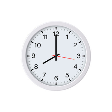 Round White Clock Isolated, 8 O'clock. Vector Illustration