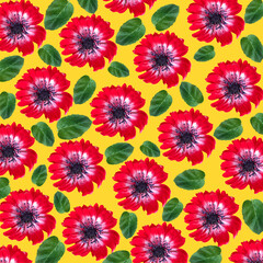 Floral pattern with red flowers and mint leaves
