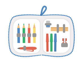 Vector opened pencil case with stationery. Back to school educational clipart. Cute flat style supplies and writing materials. Box with colored pencils, felt pens, pen, sharpener, ruler..