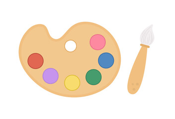 Vector paint palette and brush icon. Colored stationery, drawing materials, office or school supplies isolated on white background. Flat style.