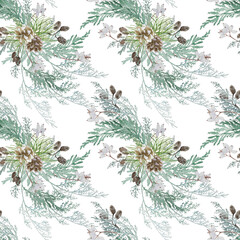 Winter watercolor patern. Christmas compositions with cones.