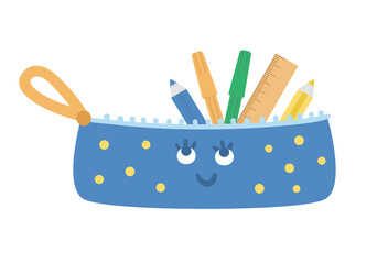 Vector kawaii pencil case illustration. Back to school educational clipart. Cute flat style smiling stationery box with ruler, pencils, felt pens. Funny picture for kids.