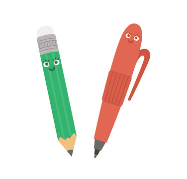 Vector kawaii pen and pencil illustration. Back to school educational clipart. Cute flat style smiling stationery with eyes. Funny picture for kids.