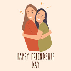 Happy friendship day.Smiling young girls hug each other. Woman friendship. Vector hand drawn illustation.