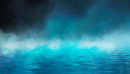Fototapeta na wymiar Empty futuristic dramatic fantasy scene. Night marine, underwater abstract background. Abstract dark landscape, street wet, smoke, smog. Neon blue light fluid element. 3D illustration