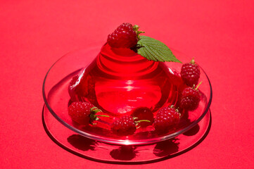 Raspberry jelly garnished with fresh raspberries on a red background.