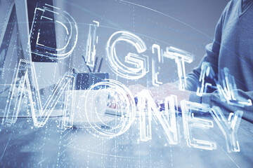 Blockchain theme hud with businessman working on computer on background. Concept of crypto chain. Multi exposure.