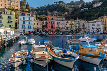 Fototapeta na wymiar Fishing boats moored in the Marina Grande, Sorrento, Italy