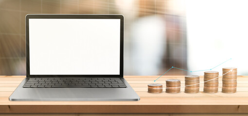 Coins on wood table and abstract background with money concepts, business concept