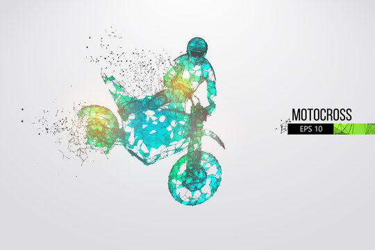 Abstract silhouette of a wireframe motocross rider from particles on the white background. Convenient organization of eps file. Vector illustartion. Thanks for watching