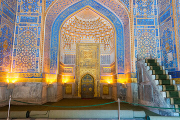 Fototapeta na wymiar Tilya-Kori Madrasa at Registan in Samarkand, Uzbekistan. It is part of the Samarkand - Crossroad of Cultures World Heritage Site.