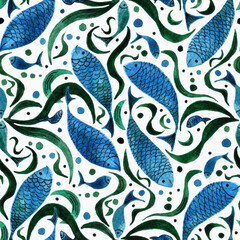 Seamless watercolor pattern, blue fish and green algae.