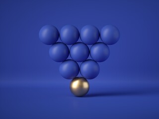 3d render, abstract geometric design: triangle of blue balls with one golden ball, isolated on blue background. Balance, gravity, one of a kind exception concept. Matrix of primitive shapes