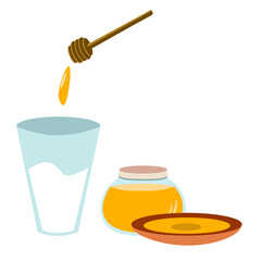 A jar of honey, honey dipper, and a glass of milk.