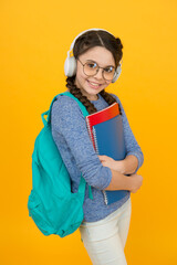 School system functions. Private schooling. Teen with backpack. Cute smiling schoolgirl. Girl little schoolgirl carry backpack. Pupil going to school. Modern schoolgirl daily life. School club - obrazy, fototapety, plakaty