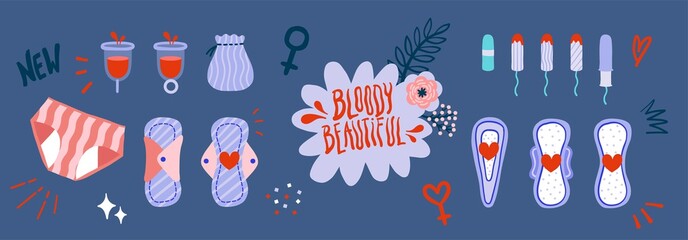 menstruation products for female hygiene, period, icon set