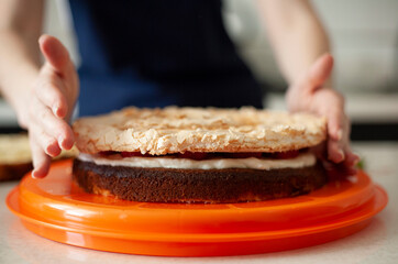 Cooking cake. Young woman decorates a birthday cake. 
