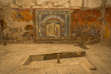 Wall mosaic of Neptune and Amphitrite in Ercolano (Herculaneum) buried during eruption of Vesuvius...