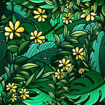 seamless pattern of tropical green leaves vector