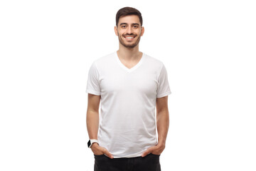 Front mockup of young man standing with hands in pockets, wearing blank white t shirt with copy...