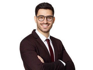 Smiling young ceo dressed in maroon suit, white shirt and red tie looking at camera standing with crossed arms, isolated on gray background