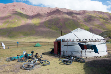 Tourist Yurt camp of Tulpar Kol Lake in Alay Valley, Osh, Kyrgyzstan.