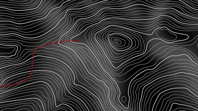 Animation on the theme of hiking in the mountains. Imitation of a geographical map, climb route. 