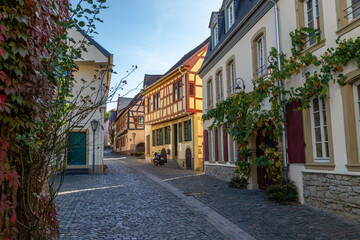 Cobbled road with historic, half-timbered houses in Meisenheim