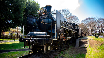 an old steam locomotive in Edo Tokyo Park.