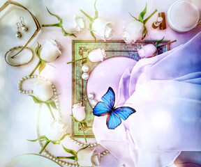 Still life with a frame and a blue butterfly. Top view.