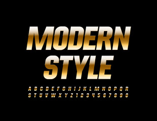 Vector Modern Style Gold Font. Shiny elegant Alphabet Letters and Numbers