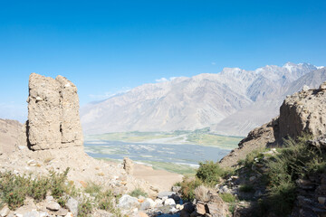 Fototapeta na wymiar Panj river at Wakhan Valley in Yamchun, Gorno-Badakhshan, Tajikistan. It is located in the Tajikistan and Afghanistan border.