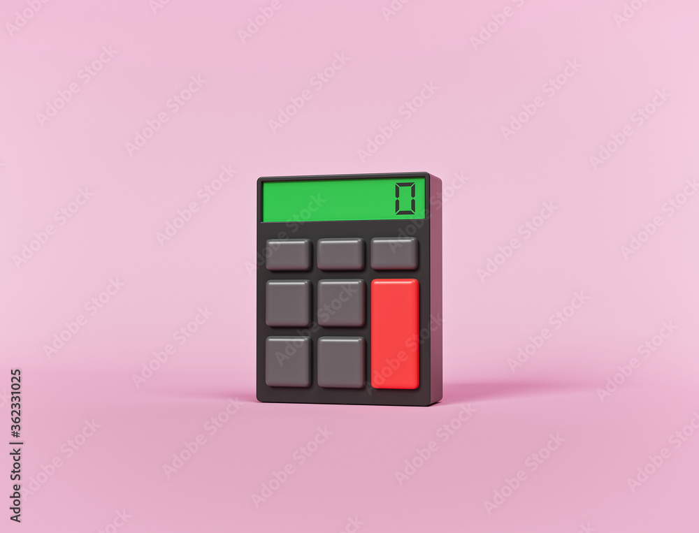 Poster minimal cartoon style basic calculator with zero number isolated on pastel pink background. 3d icon,
